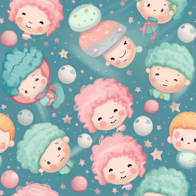 Seamless pattern of a group of cartoon children with hats and balloons generative ai