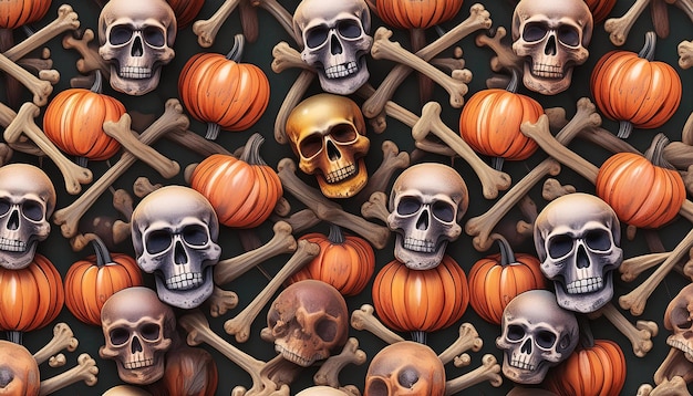 Photo seamless pattern of hand drawn halloween skulls and crossbones giving a spooky and festive atmosphere