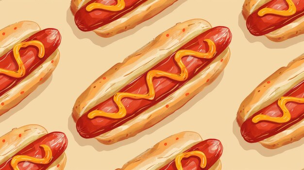 Photo seamless pattern of hand drawn hotdogs with mustard on a beige background