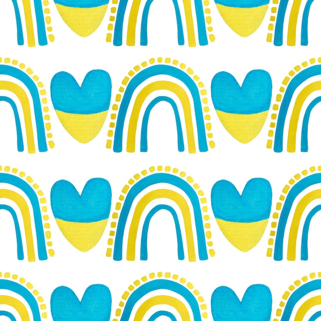 Seamless pattern Hand drawn painted rainbow and heart in yellow and blue Pray for Ukraine