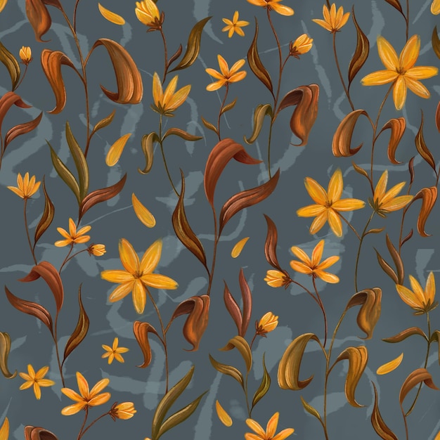 Seamless pattern of a hand oilstyle drawed yellow flowers and brown stems leaves and petals on a patterned grey background