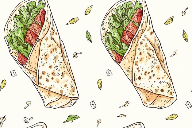 Seamless pattern of handdrawn shawarma meat with greens in a flatbread