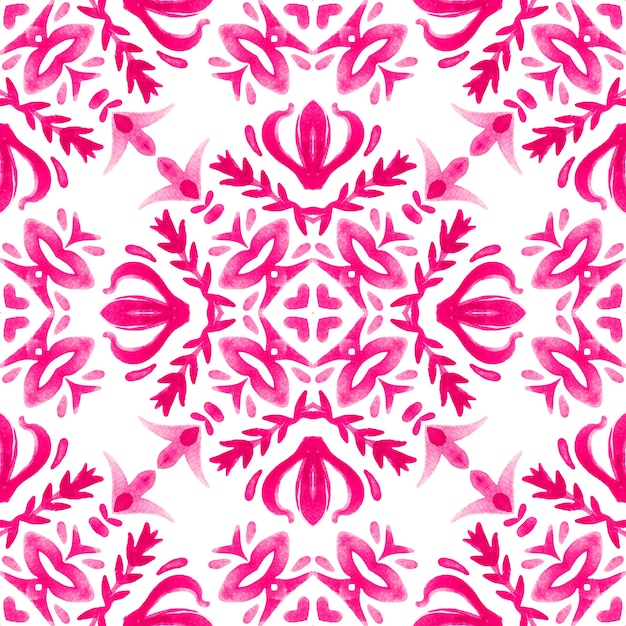 Seamless pattern handdrawn watercolor ornament pink and white with floral elements