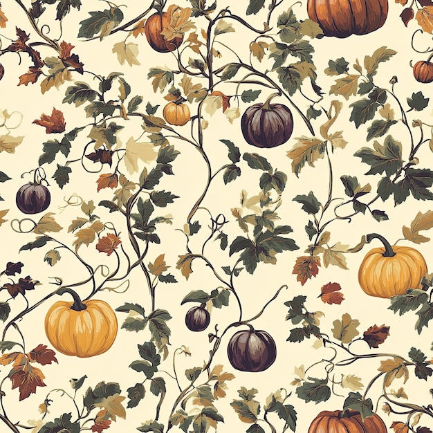 A seamless pattern of a harvest garden in autumn shades of amber deep plum