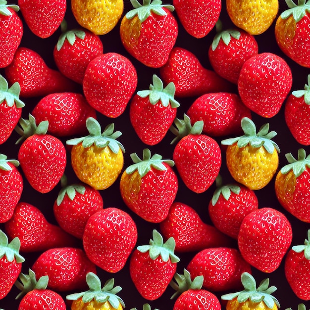 Seamless Pattern of Healthy Raw Ripe Strawberry with Black Background, Edible Fresh Strawberry