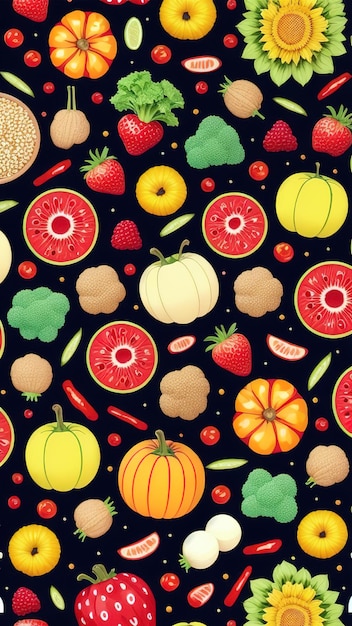 Seamless pattern of healthy vegetables with vitamins