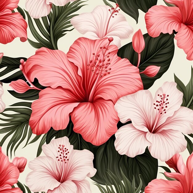 Seamless pattern of hibiscus flowers and lilies