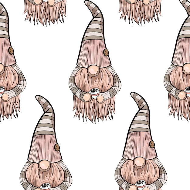 Seamless pattern illustration of a gnome with a beard in a hat new year and christmas symbol on