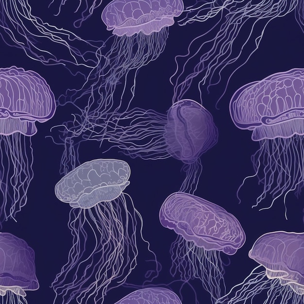 A seamless pattern of jellyfish on a dark background.