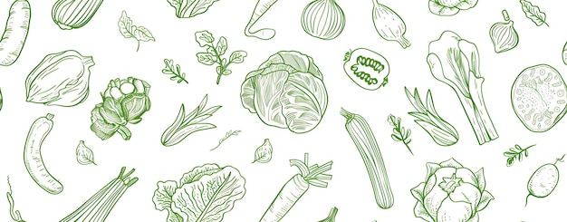 seamless pattern of line drawings of vegetables