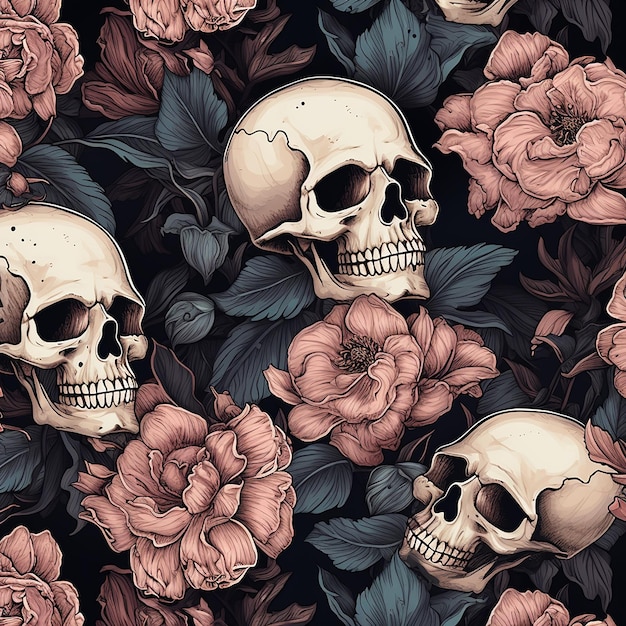 Photo seamless pattern of lush flowers bones and skulls