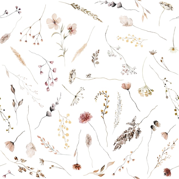 Seamless pattern made of brown dark red and beige watercolor wild flowers and leaves illustration