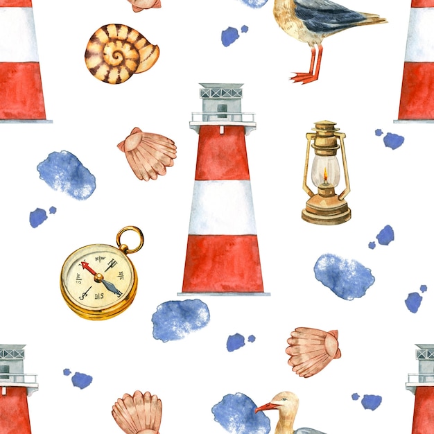 Photo seamless pattern on a marine theme lighthouse seagull compass lamp shells handpainted in watercolor