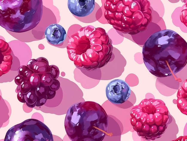 Photo seamless pattern of minimalist berry illustrations rendered in flat vector using adobe illustrator characterized by bold pop art style colors