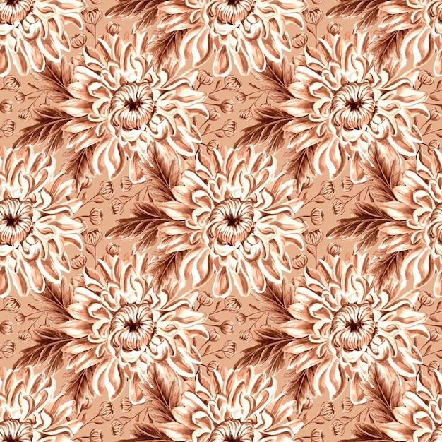 Seamless pattern monochrome from chrysanthemum with leaves on beige background hand drawn watercolor