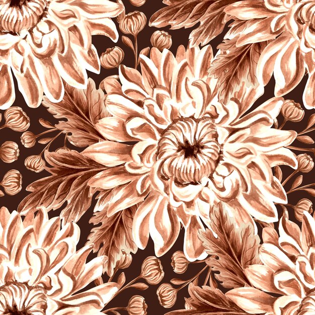 Seamless pattern monochrome from chrysanthemum with leaves on dark background hand drawn watercolor