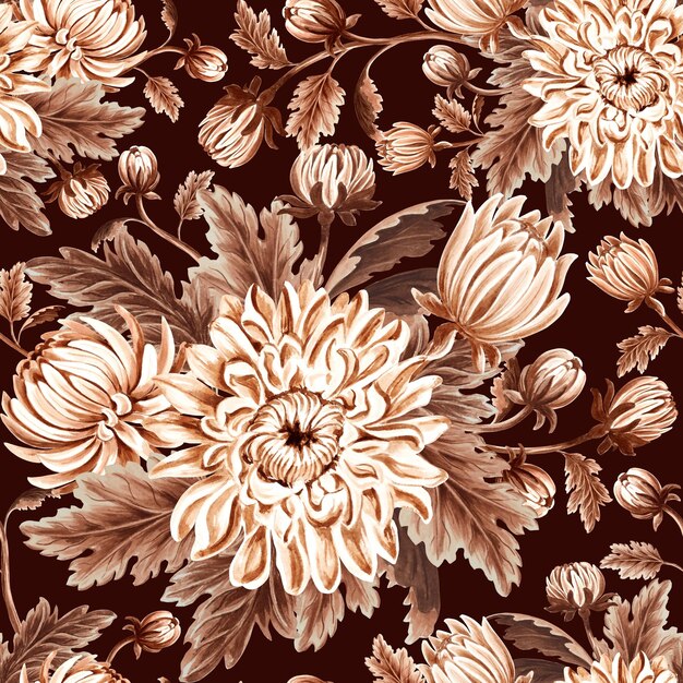 Seamless pattern monochrome from chrysanthemum with leaves on dark background hand drawn watercolor