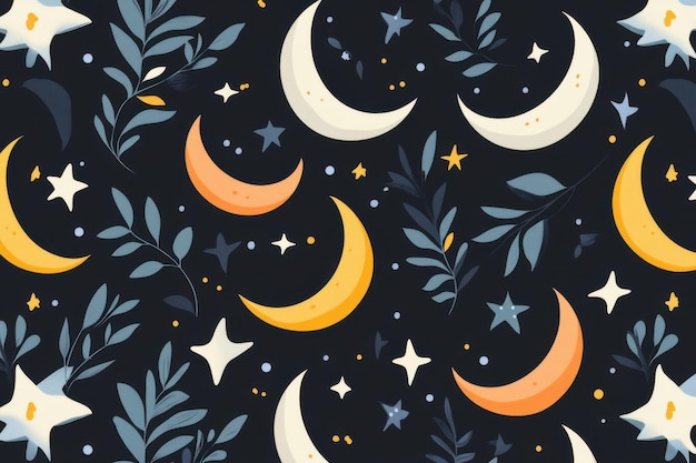 Photo seamless pattern of moons stars and leaves on a dark background