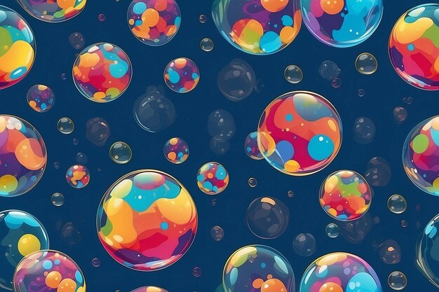 Photo seamless pattern of multicolored soap bubbles on blue background