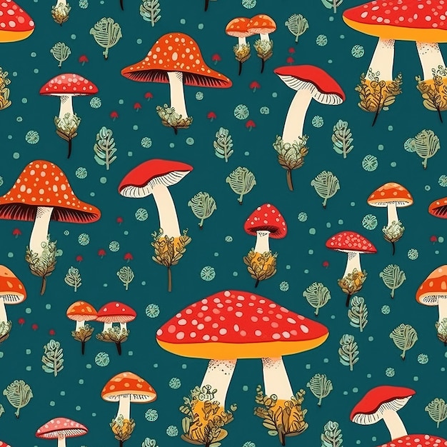 A seamless pattern of mushrooms on a dark blue background.