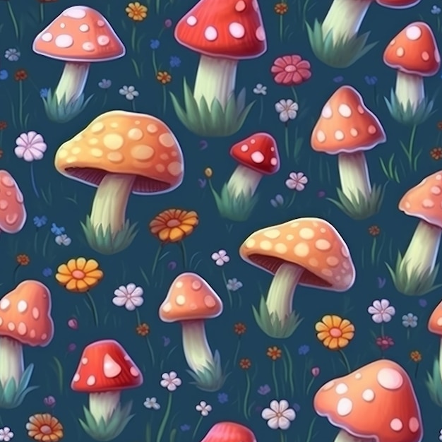 A seamless pattern of mushrooms and flowers.