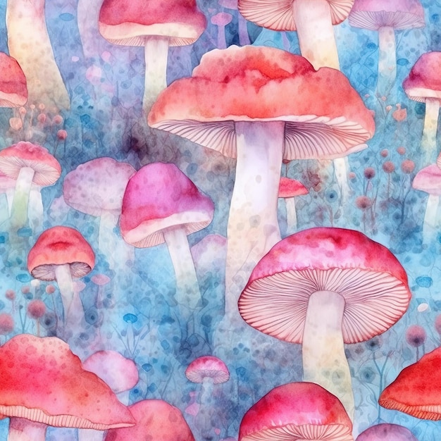 A seamless pattern of mushrooms with a pink and blue background.