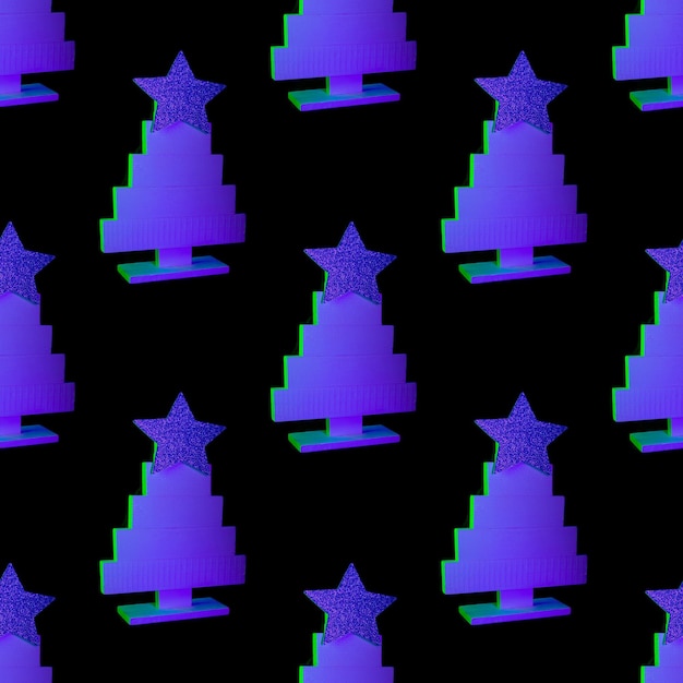 Seamless pattern of neon blue christmas tree in rays lights on black background