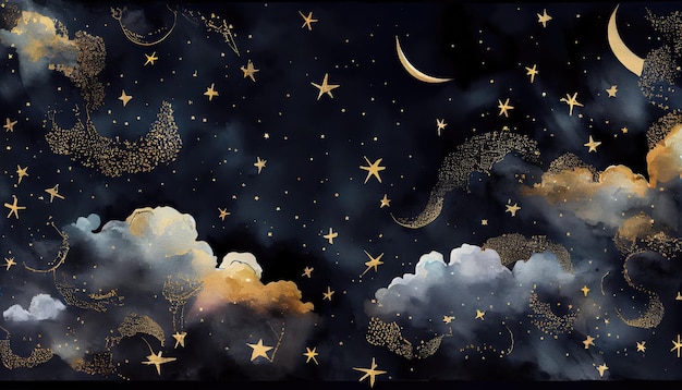 Seamless pattern of the night sky with gold foil constellations stars and clouds Generate ai