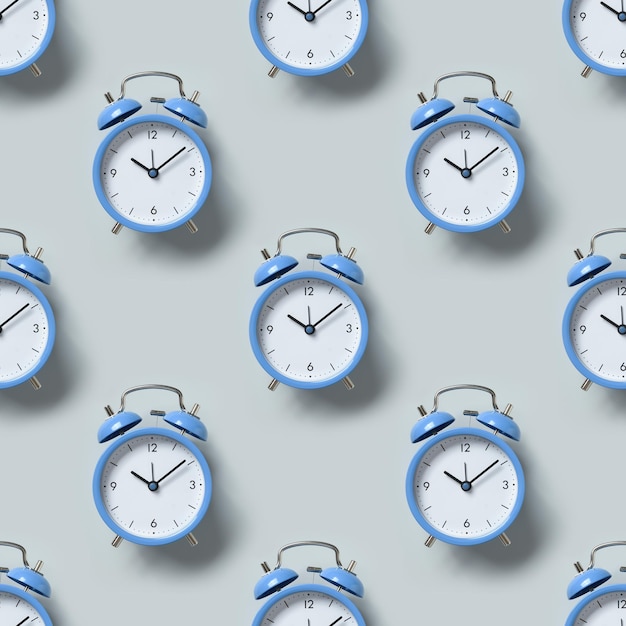 Seamless pattern of oldfashioned blue alarm clocks