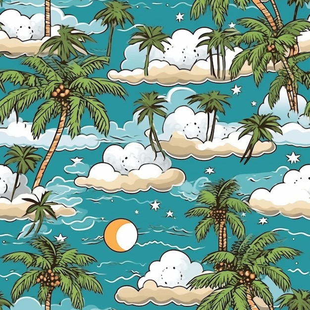 A seamless pattern of palm trees and clouds on a blue background generative ai