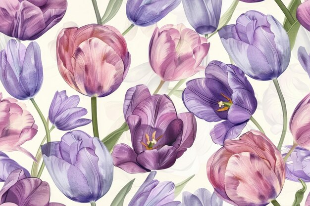 Seamless pattern of pastel purple tulips with foliage Simple minimalistic illustration