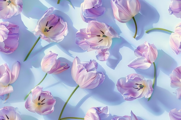 Seamless pattern of pastel purple tulips with foliage Simple minimalistic illustration