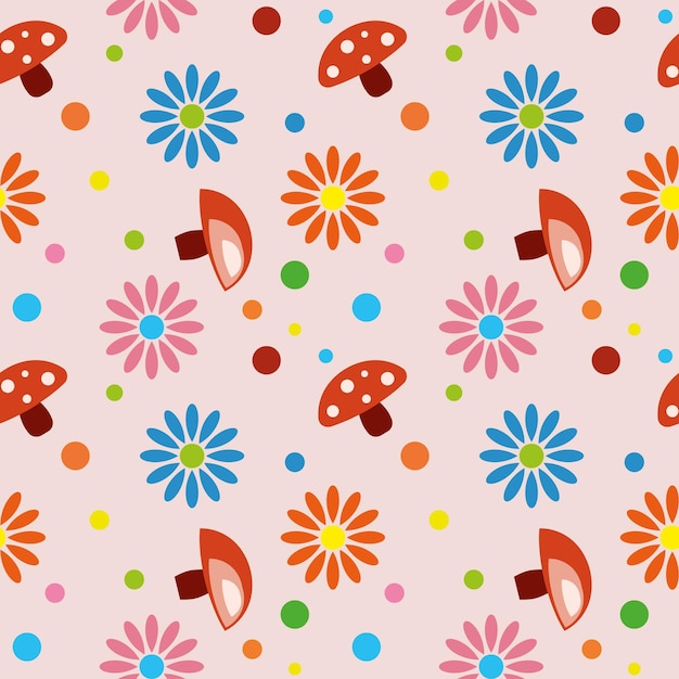 Photo seamless pattern pattern for fabric with stylized mushrooms and flowers in retro style vector