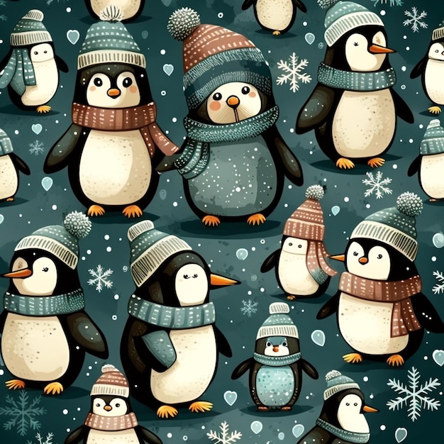 A seamless pattern of penguins with hats and snowflakes on a blue background.