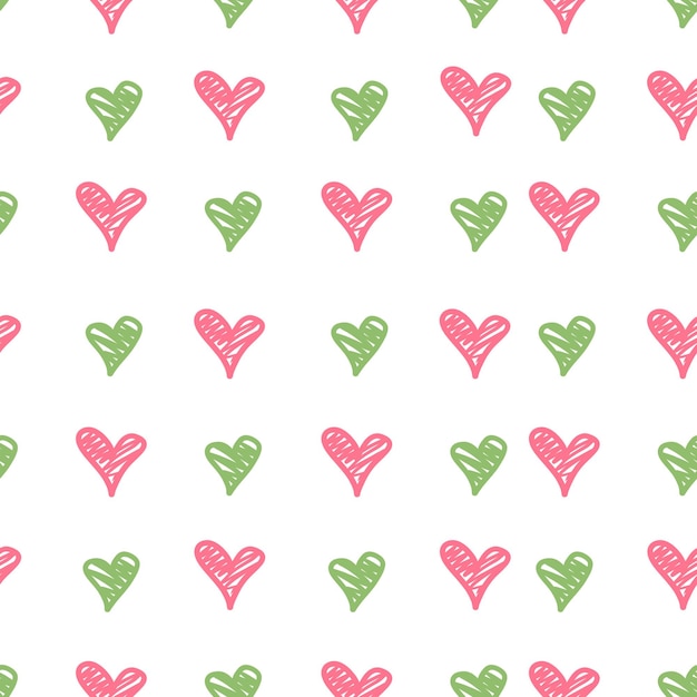 Seamless pattern of pink and green hearts on a white background