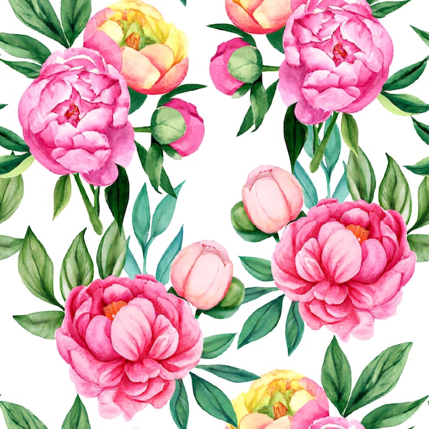 A seamless pattern of pink peonies with green leaves on a white background