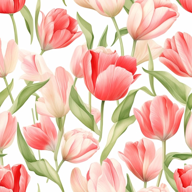 A seamless pattern of pink and white tulips with green stems and leaves.