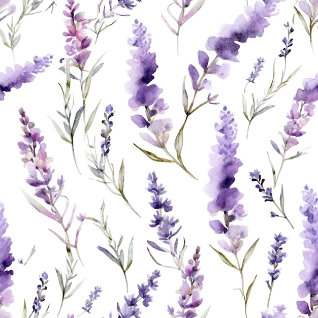 A seamless pattern of purple flowers on a white background.