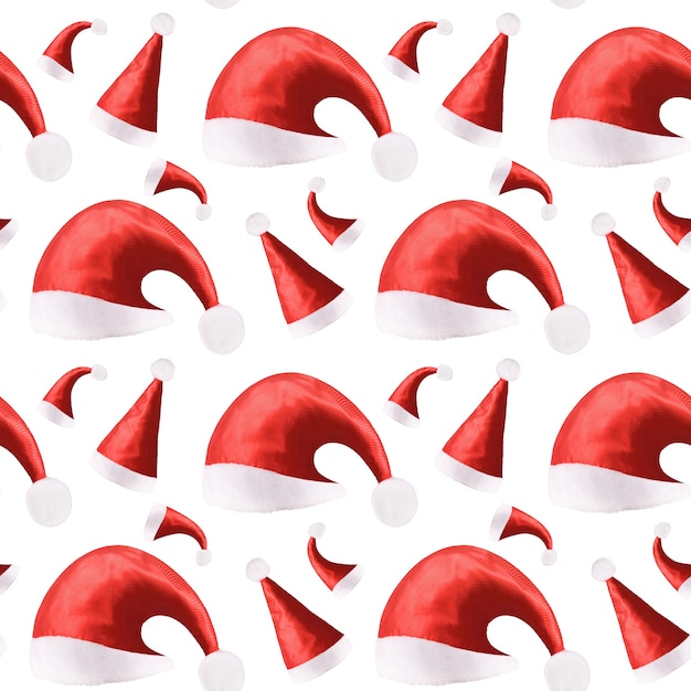 Seamless pattern of red Christmas hats isolated on a white background. High quality photo