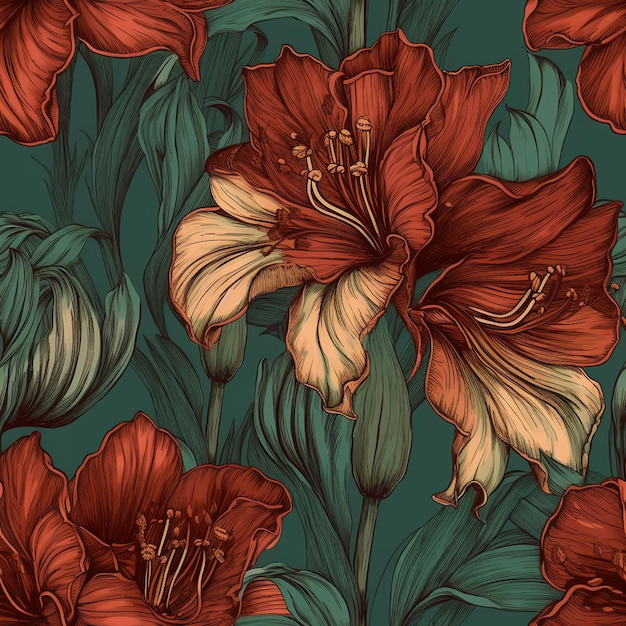 A seamless pattern of red and green flowers with the words lily on the bottom.