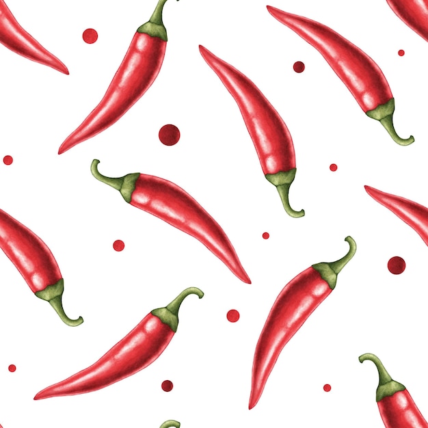 Seamless pattern of red hot chili pepper whole pod Hand drawn watercolor illustration isolated