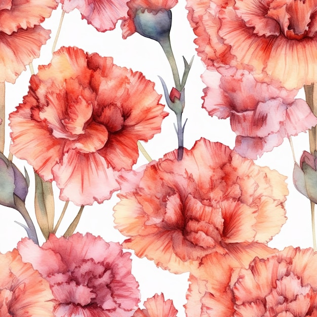 A seamless pattern of red and orange flowers with a blue stem.