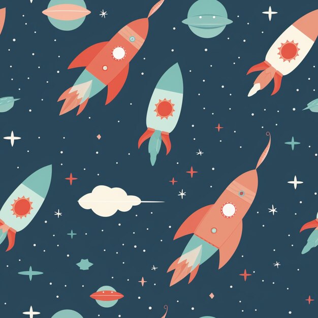 Seamless pattern of rockets in the space.