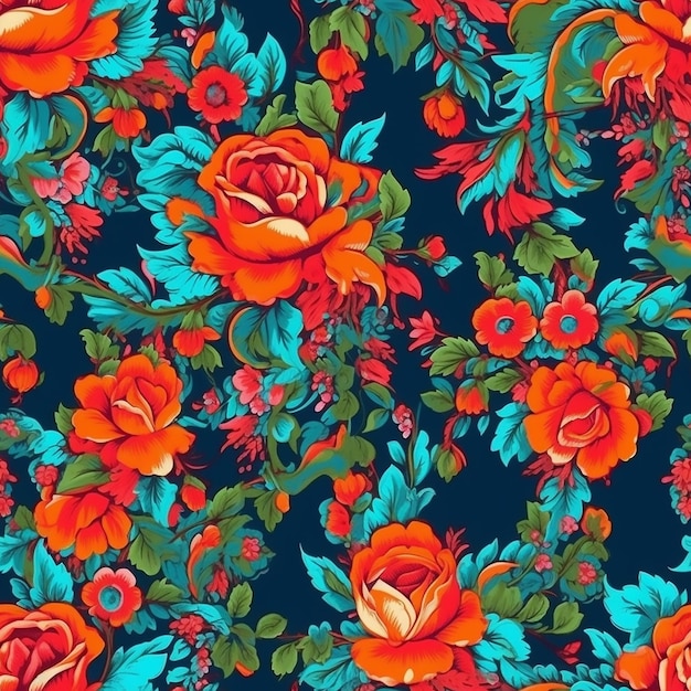 A seamless pattern of roses on a dark blue background.