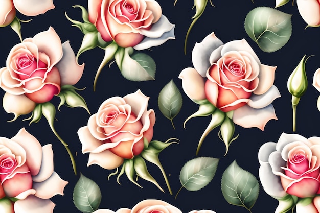 A seamless pattern of roses with pink and white flowers