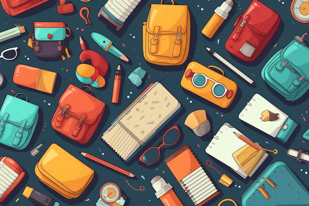 A seamless pattern of school supplies including a backpack, glasses, books, and other items.