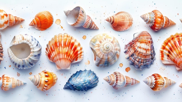 A seamless pattern of sea shells Watercolor background of underwater life