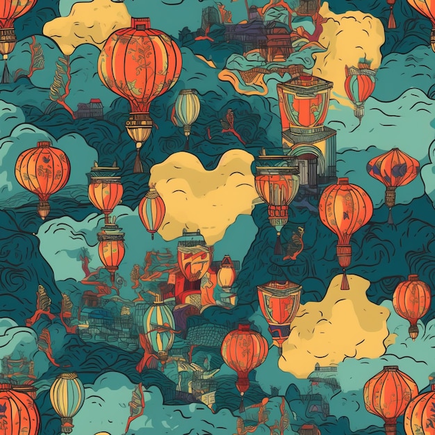 Seamless Pattern of Sky Lanterns in China