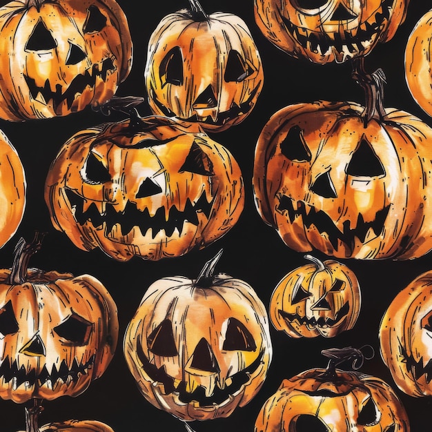 Seamless pattern of spooky Halloween pumpkins on black background Ideal for holiday design fabric wallpaper Concept of Halloween horror autumn