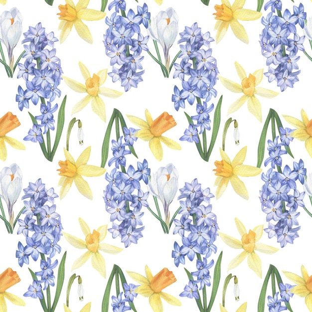 Seamless pattern of spring flowers and leaves painted in watercolor